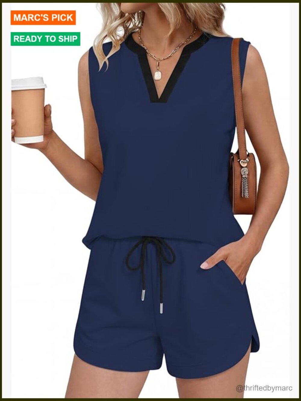 Soft Rayon Polyester Spandex 2 Piece Short Set V Neck Tank Top and Shorts